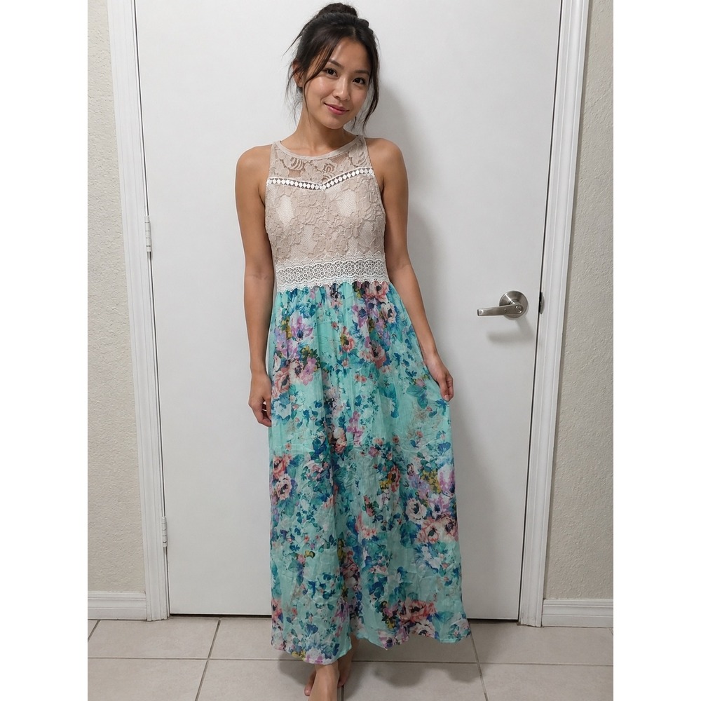 By & By Girl Floral Lace Bodice Maxi Dress Mint Green Beige Juniors Size 8